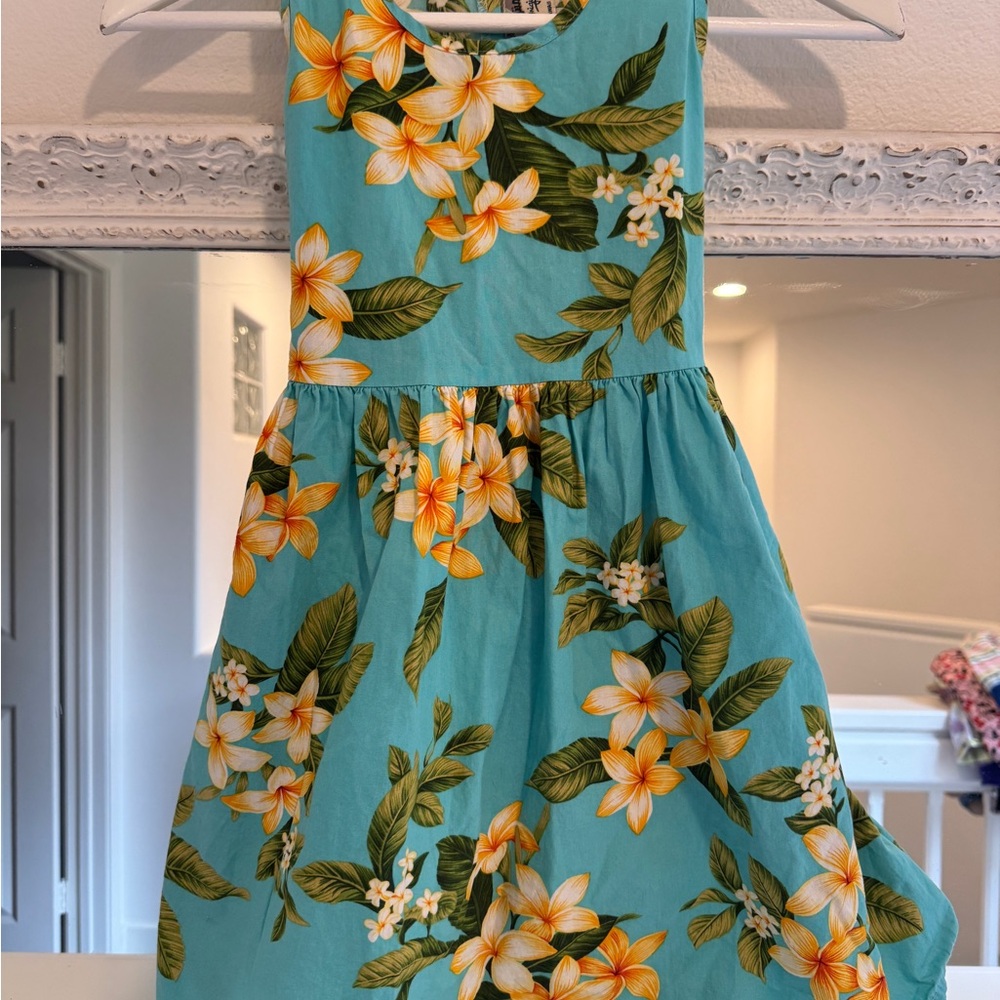 Hilo Hattie Kids Dress - Teal Plumeria Flowers Made in Hawaii size 6 medium